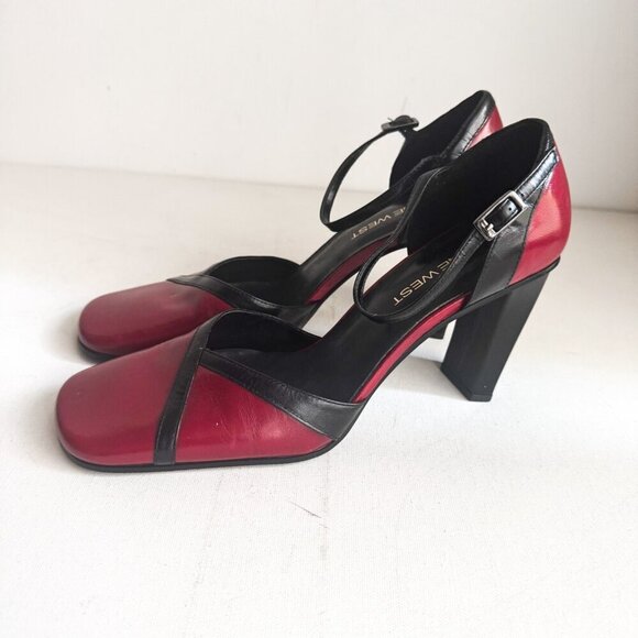 Vintage y2k Red Black Square Toe Leather Heels 8 - Picture 7 of 11